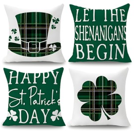 4Pcs St Patricks Day Pillow Covers 18x18 Inch - St. Patrick's Day Green Lucky Shamrock Hat Pillow Cover for St Patricks Day Decor - Holiday Farmhouse Spring Pillow Covers Sofa Home Decorations