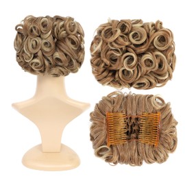 SWACC Short Messy Curly Dish Hair Bun Extension Easy Stretch hair Combs Clip in Ponytail Extension Scrunchie Chignon Tray Ponytail Hairpieces (Light Brown/Beige Mixed-12T24#)