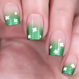 St. Patrick’s Day Press on Nails Short False Nails Gradient Green Fake Nails with Designs Glitter Clover Nails Press on Acrylic Nails Coffin Full Cover Glue on Nails White Flower for Women and Girls