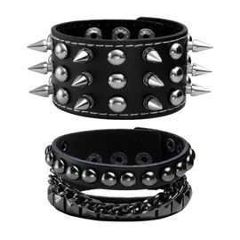 JJDreams Punk Leather Bracelet Black Gothic Bangle with Chain Rock Bracelet Set Biker Bracelet for Women, The products are part of the product, No Gemstone