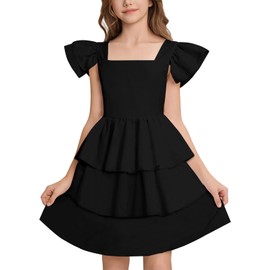 21KIDS Girls Summer Dress Flutter Sleeve Smocked Tiered Elegant Casual Dresses for Girls 12 Years Black