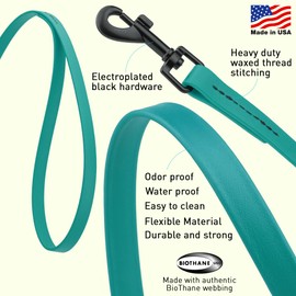 Dogline Biothane Waterproof Dog Leash Strong Coated Nylon Webbing with Black Hardware Odor-Proof Easy to Clean High Performance for Small or Large Dogs Made in USA 4 or 6 ft Lead, Blue Aqua