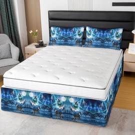 Feelyou Wolf Bedding Bed Skirts King Size Wolves Howling Bed Skirt for Boys Teens Decor Aurora Dust Ruffle Pleated Bedskirt Moon Wolf Bedroom Mountain Fitted Sheet 3Pcs