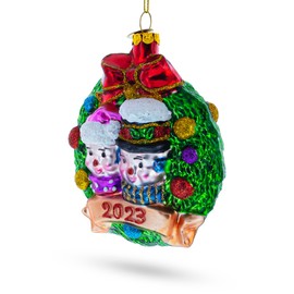 Joyful 2023 Snowmen Couple in Wreath Blown Glass Christmas Ornament