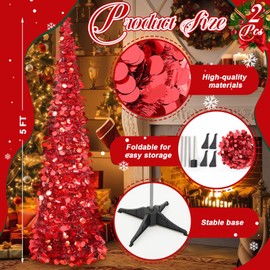 Leyndo 2 Pcs 5 ft Collapsible Artificial Christmas Tree Pencil Pop up Christmas Tree Tinsel Skinny Red Sequined Christmas Tree for Home Fireplace Decoration