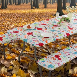 SASTYBALE Vinyl Fitted Table Cover with Bench Covers and Bag, 6ft Tablecloth Waterproof Windproof Elastic Edges Fitted Table Cloth for Indoor Outdoor Travel Picnics Patio Camping (30"x 72", Floral)