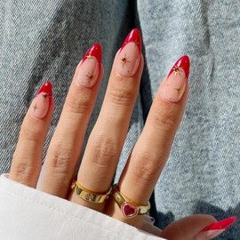 BABALAL French Tip Press on Nails Medium Almond Fake Nails Red Glue on Nails Rhinestone Acrylic Nails 24Pcs Glossy Stiletto Manicure Artificial False Nails Press on