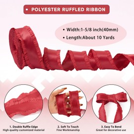 Cinta de borde rojo con volantes de 10 yardas de 1-5/8 pulgadas, ribetes plisados de encaje para árbol de Navidad para envolver regalos, ramos, coronas, lazos, fiestas, festivales, decoración del