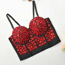 Women's Sleeveless Crop Tops Rhinestone Sparkly Adjustable Spaghetti Strap Bustier Top Vintage Cami Bra Tops