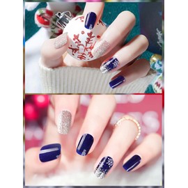 BANKU Christmas Semi Cured Gel Nail Strips,Glitter Blue Gel Nail Polish Strips Long Lasting Waterproof Full Nail Wraps Stickers with Stick, Nail File, Wipes & Sealing(UV/LED Lamp Required)