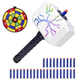 TENTAM Dart Blasting Thors Hammer Toys with Lights - Kids Roleplay Toy Thunder Mjolnir Shooting Games for Kids, Birthday Gift, Party Favors Includes 30 Darts 1 Target(White)