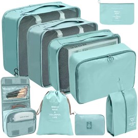 Packing Cubes for Suitcases, 9 Set Compression Storage Travel Luggage Organizers with Toiletry Bag, Shoe Bag & Electronics Bag - Luggage Organizers Suitcase Travel Accessories (Sky Blue)