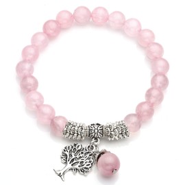 JSDDE Natural Rose Quartz Crystal Bracelet Reiki Healing Crystal Gemstone Beads Bracelet with Life Tree Charm Bracelets for Women