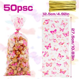 Cxryrzhe 50 Pcs Cellophane Treat Bags Butterfly Cellophane Candy Cookies Gift Bags 5"X10.8" with Twist Ties for Snack Bakery Birthday Wedding Party