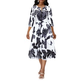 Women's Elegant 3/4 Sleeve Dress Front Chest Black and White Flower Print Zipper Casual Knee Length Dress Sexy A-Line Midi Dress (Black,XXL)