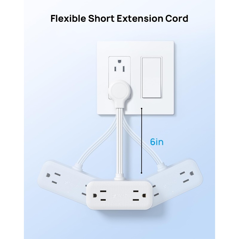 TROND Outlet Extender with 6 Inch Cord, Flat Plug Adapter