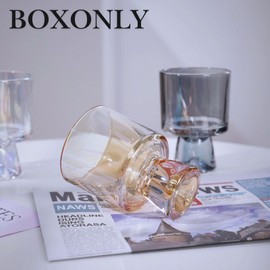 Boxonly Iridescent Lead-Free Glass Beverage Cups 230ml - Stylish High-Stem Design for Juice, Coffee, and Desserts | Set of 2 Vibrant Handcrafted Glasses