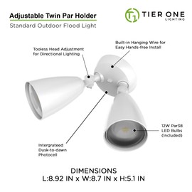 TIERONE Twin-Head LED Flood Light with Dusk to Dawn Photocell UL Listed Outdoor Security Lighting 120V Two Head Par Light with 2 PAR38 Bulbs(Each 12W 1080 Lumen 4000K) 1 Pack White