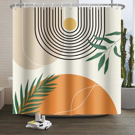 Xiaoterna Sun Line Shower Curtain, Rustic Bath Curtain, Modern Abstract Shower Curtain, Green Leaves, Sun Lace Lines, Shower Curtain, Machine Washable, Waterproof Fabric, 180 x 200 cm