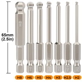 Hakkin 7PCS Ball End Hex Screwdriver Bits Set S2 Steel Magnetic Allen Key Set 65mm Length 1/4" Hex Shank Allen Wrench Screwdriver Bits for Furniture Assembly - Metric H2-H8