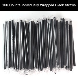 100 Pack Jumbo Smoothie Straws, Chetexus Black Smoothie Straws Plastic Disposable Wide-mouthed Milkshake Straws Individually Wrapped Straws (0.51" Diameter and 7.48" Long)