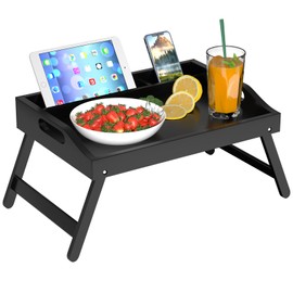 Bed Tray Table with Handles Folding Legs Bamboo Breakfast Tray with Phone Tablet Holder,Foldable Breakfast Table, Laptop Desk (Black, Medium)