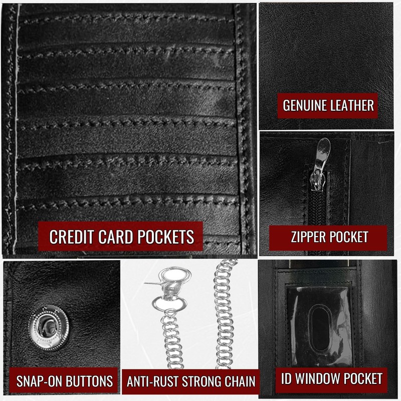 CLASSIC Motorcycle Chain Wallet for Men – Premium Cowhide Leather,
