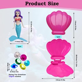 Mermaid Diving Toys for Swimming Pool,Blue Mermaid Diving Toys with Hot Pink Shell & 10 Sinking Dive Gem,Swimming Pool Sinking Toy Kids Pool Toy Accessories,Princess Diving Games Training Girls Gifts
