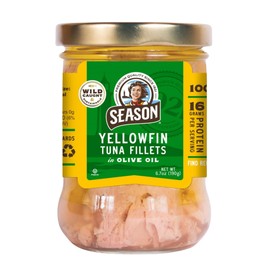Season Yellowfin Tuna Fillets in Olive Oil - Wild Caught Tuna Fish, Hand-Packed in Glass Jars, 16g of Protein per Serving, Premium Quality - 6.7 Oz (Pack of 6)