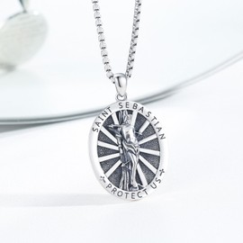 XIXLES St Sebastian Medal Necklace 925 Sterling Silver Saint Sebastian Necklace Amulet Necklaces Patron Saint Sebastian Medal Pendant Jewelry for Men