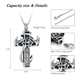 XSMZB Cross Cremation Jewelry Urn Necklace for Human Ashes Fish Hook Memorial Urn Pendant Deer Antler Cross Ashes Holder Keepsake Jewelry(Silver-Black)