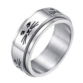 IFUAQZ Men's Women's Stainless Steel Spinner Ring 8MM Animal Cute Kitty Cat Band Stress Relief Silver Size 7