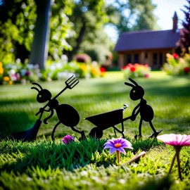 Set of 2 Ant Garden Stakes - Black Iron Metal Yard Art for Outdoor Decor - Laboring Ant with Cart & Ant with Fork - Garden Statues for Patio, Flower Beds & Farmhouse