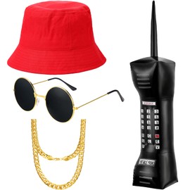 meekoo 80s/90s Hip Hop Costume Kit 90s Rapper Outfit Costume, Mobile Phone Bucket Hat Sunglasses Faux Chain(Red)