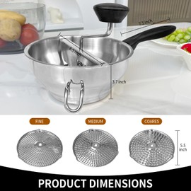 Stainless Steel Ergonomic Food Mill with 3 Grinding Discs, Compralo Rotary Food Mill for Tomato Apple Sauce, Puree, Mashed Potatoes, Jams, Dishwasher Safe