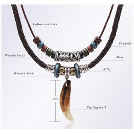 Beulous Men Women Leather Necklace Vintage Tribal Style Boho Hipppie Double Layered Black Braided Beaded Pendant Necklace