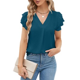 Blooming Jelly Womens Dressy Casual Shirts Short Sleeve V Neck Work Blouse Business Casual Summer Tops 2024(Large,Dark Cyan)