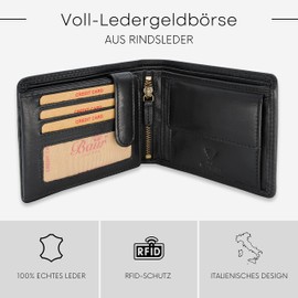 Baur Men's Genuine Leather Wallet with RFID Protection, Landscape Format, Wallet with Coin Compartment and Card Slots, Wallet, black, Large landscape format with press stud inside