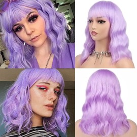 FFDDear Short Wavy Wigs 14 Inch Curly Bob Purple Wig with Air Bangs Shoulder Length Wig for Women Synthetic Cosplay Party Wigs for Girls Natural Looking Wavy Wigs(14 inch Purple)