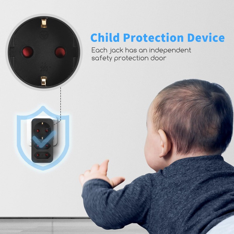 Aigostar 3-Way Socket Adapter with Child Lock Multiple Socket Portable