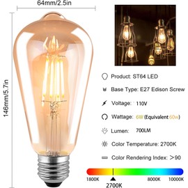 HESSION ST64 LED Edison Bulbs, 4W Equivalent 40W, Soft Light Amber Glass 2700K, LED Filament Bulbs with 90+ CRI E26 Medium Base, Dimmable Light Bulb for Home Lamp, Wall Sconce, Chandelier, 6 Pack