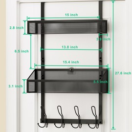 Hocookeper Over The Door Hooks Organizer, Over The Door Shower Caddy, Over The Door Towel Rack Back of Storage with 12 Hooks & 2 Mesh Baskets Door Hanger Organizer for Bathroom,Kitchen,Bedroom(Black)
