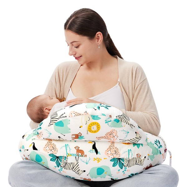 Momcozy Original Nursing Pillow for Breastfeeding, Plus Size Breastfeeding Pillows for More Support, with Adjustable Waist Strap and Removable Cotton Cover, Colorful Wildlife