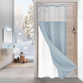 MitoVilla Blue Small Stall Shower Curtain 36 x 72, Narrow Half Size Waffle Weave Fabric Shower Curtain Set with Water-Repellent Snap-in Liner for Modern Neutral Hotel Bathroom Decor, Fog Blue