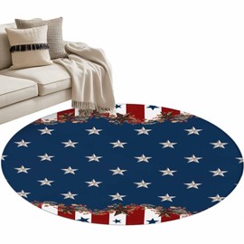 Country Star Farm Round Area Rug 4 FT, Non Slip Indoor Outdoor Rug, Red Blue Patriots Stripe American Flag Washable Soft Circular Carpet Non-Shedding Floor Mat for Coffee Table Nursery Foyer Balcony