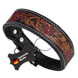 Michur Flora Leather Dog Collar Black Red Brown Leather with Red Floral Pattern Available in Various Sizes