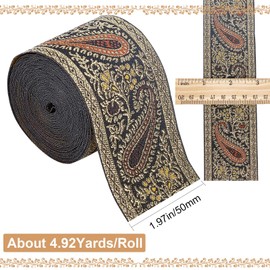 GORGECRAFT 4.9 Yards Metallic Jacquard Ribbon 2 Inch Width Embroidery Bohemian Ribbon Trim Polyester Flat with Teardrop Pattern Woven Upholstery Fabric for Gift Bouquet Wrapping Bag Strips Hat Bands