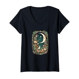 Womens Aesthetic Goblincore and dark Cottagecore Mushroom Moon Bird V-Neck T-Shirt