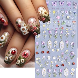 Summer Nail Stickers Flower Nail Decals 4PCS 5D Embossed Daisy Tulip Lavender Flower Ladybug Butterfly Nails Adhesive Stickers Colorful Floral Nail Art Stickers for Women DIY Nail Decorations Charms