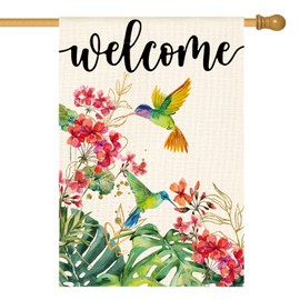 AVOIN colorlife Hummingbird Floral Welcome House Flag 28x40 Inch Double Sided Outside, Spring Summer Burlap Small Yard Outdoor Flag